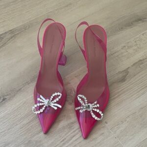 Amina Muaddi Pink Stiletto Heels with Rhinestone Bow